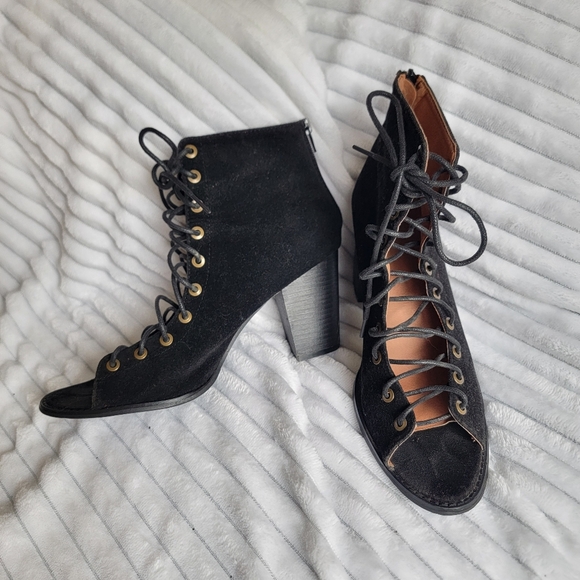 Black Lace-Up Open Toe Ankle Boots - Picture 1 of 9